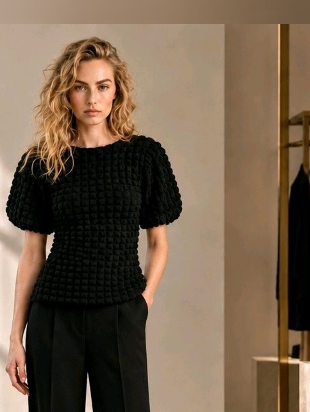 Anthropologie Eri + Ali Textured Bubble Puff-Sleeve Top Black